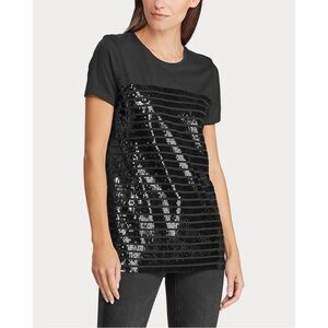 RALPH LAUREN NWT Black Sequin Striped Short Sleeve Cotton-Blend Tee S